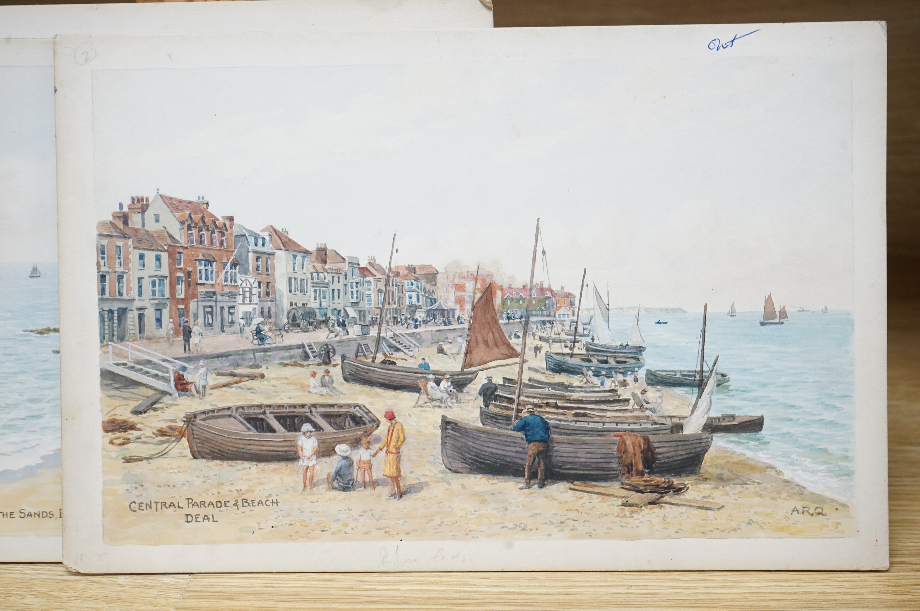 Alfred Robert Quinton (1853-1934), set of four watercolours for postcard designs of Kent Coastal scenes comprising, ‘Central Parade Beach, Deal’, ‘The Sands, Broadstairs’, ‘Ramsgate Sands’ and ‘Bathing Station, Walpole W